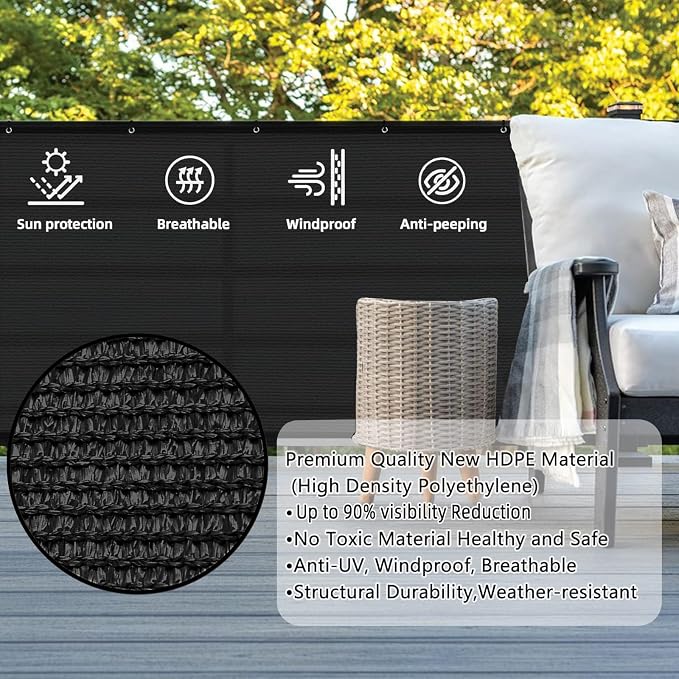 Custom Size 3.3'x33' Black Balcony Privacy Screen 90% UV Block | Windscreen - Image 2
