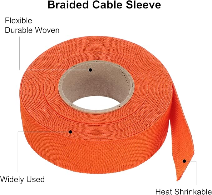 MECCANIXITY Braided Cable Sleeves Heat Shrinkable Fabric Sleeving, 1" 33ft Orange 2:1 Ratio Heat Shrinkable Cord Protector for Harness Cable, Network Cable Protection, Cable Management