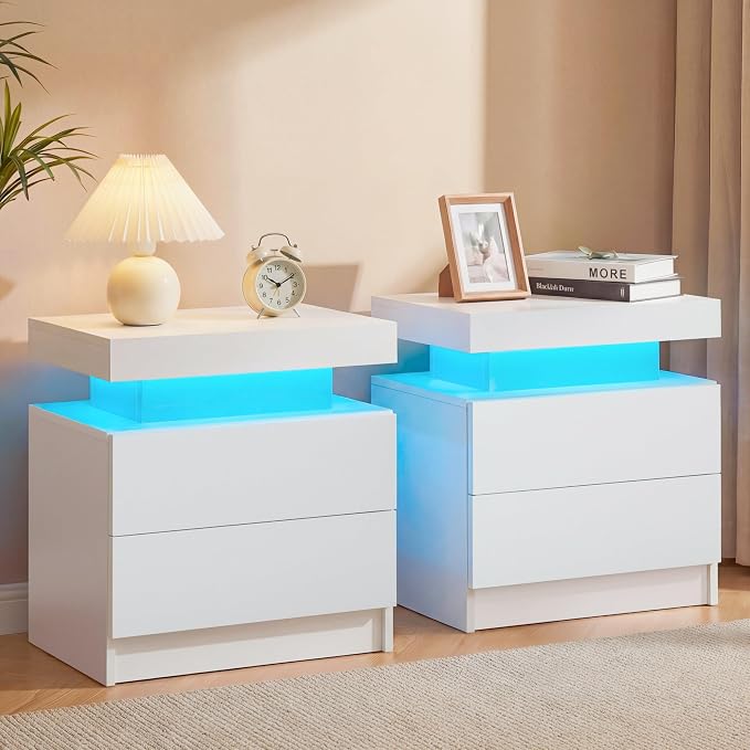 White Modern LED Nightstand Set of 2 by Unknown