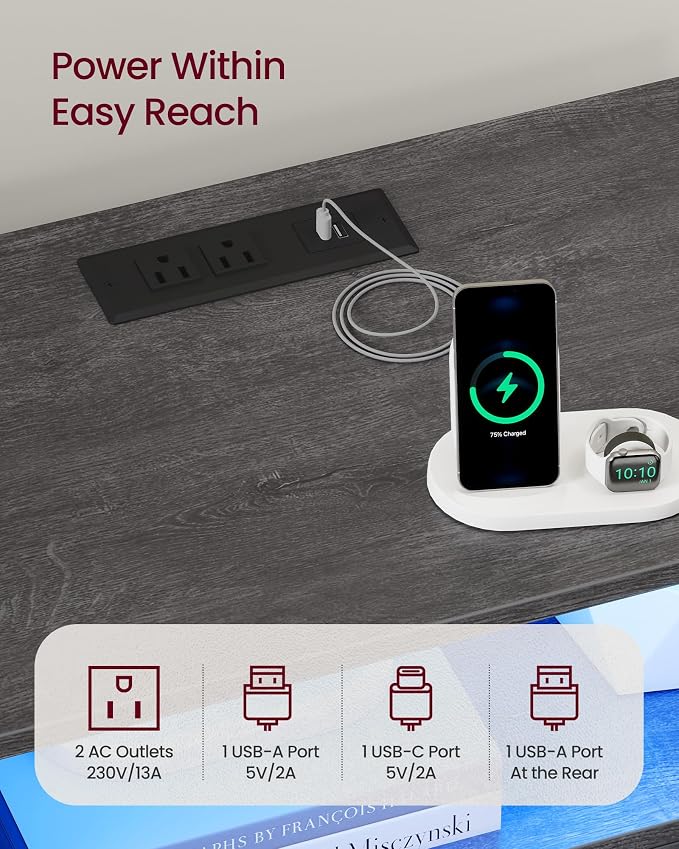 VASAGLE 23.6 Nightstands, LED Lights, Charging Station, 2 Drawers | LED Lights - Image 4
