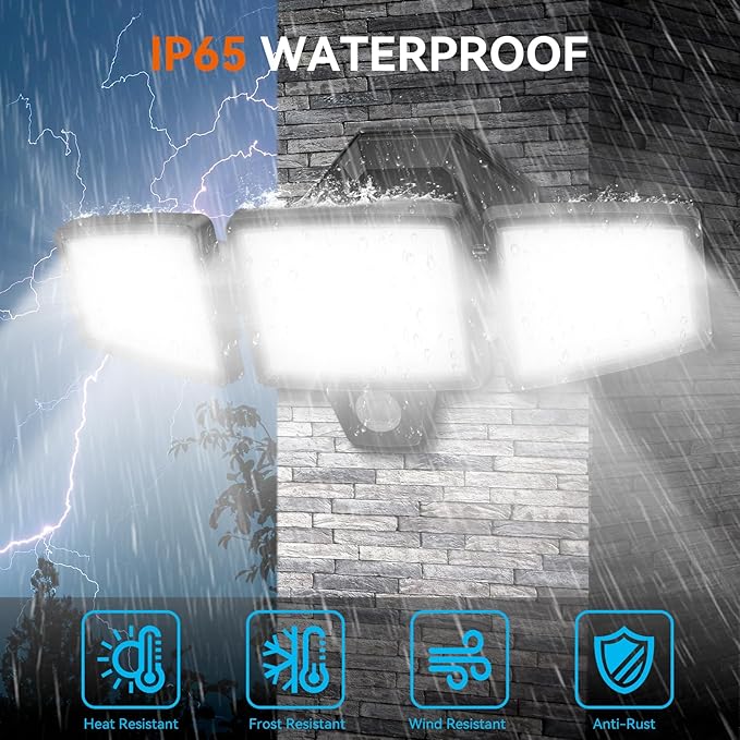 PURICH LED Security Lights Motion Sensor Outdoor Lights, 5000K Daylight, IP65 Waterproof, Dusk to Dawn, 3-Head Motion Detected Flood Light for Garage, Yard, Porch, 2Pack