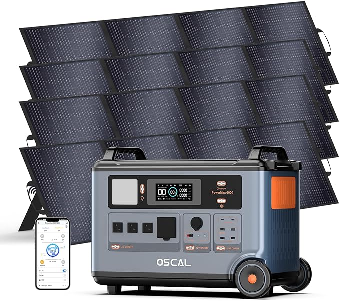 OSCAL PowerMax 6000 Solar Generator with 4x200W Solar Panel, 120V/240V 3600Wh Power Station 6000W AC Outlets (9000W Peak), 2200W AC Charging/2400W Solar Charging, Home Battery Backup for Emergency