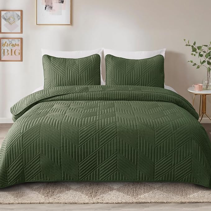 Exclusivo Mezcla Ultrasonic Twin Quilt Bedding Set, Olive Green | Lightweight - Image 2