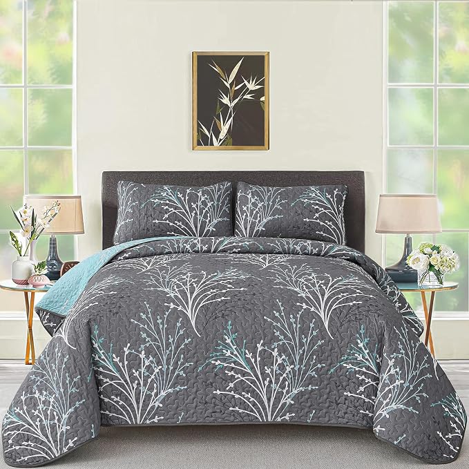 DJY King Size Quilt Set Grey Blue Reversible Bedspread Coverlet Set | 3 Piece by HOME