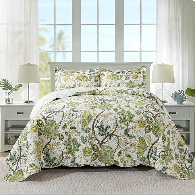 3-Piece Quilt Set Quilted Bedspread Cotton Coverlet Set Floral Oversized by Travan