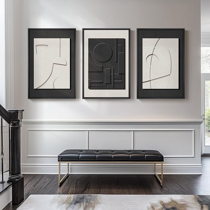 Large 3D Textured Framed Black and White Abstract Wall Art - Image 4