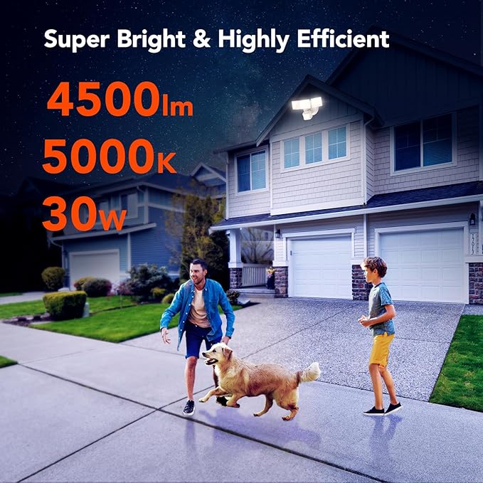 OREiN 4500LM/30W Flood Lights Outdoor, 240°/40FT Motion Sensor Outdoor Lights, Dusk to Dawn/Auto/Test Mode, IP65 Waterproof LED Security Light for Yard Garden, White (Hardwired)