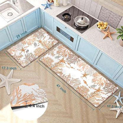 Kitchen Mats for Floor Cushioned Anti Fatigue Sets of 2 Coastal Kitchen Rugs Non Slip Waterproof Nautical Foam Kitchen Floor Rug Beach Theme Coral Fish Comfort Standing Mat for Sink Laundry, Coral