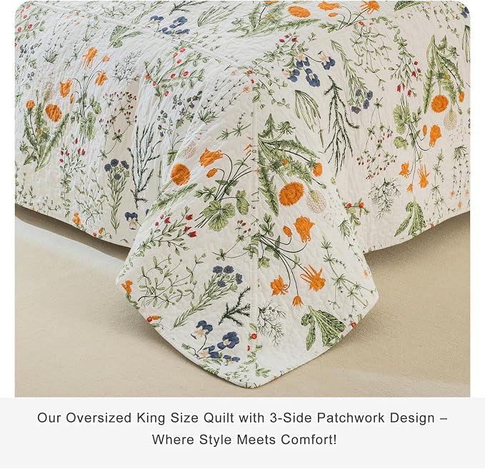 QSH 3Pcs Oversized King Quilt Set, 100% Cotton Floral Bedspreads Bedding - Image 3