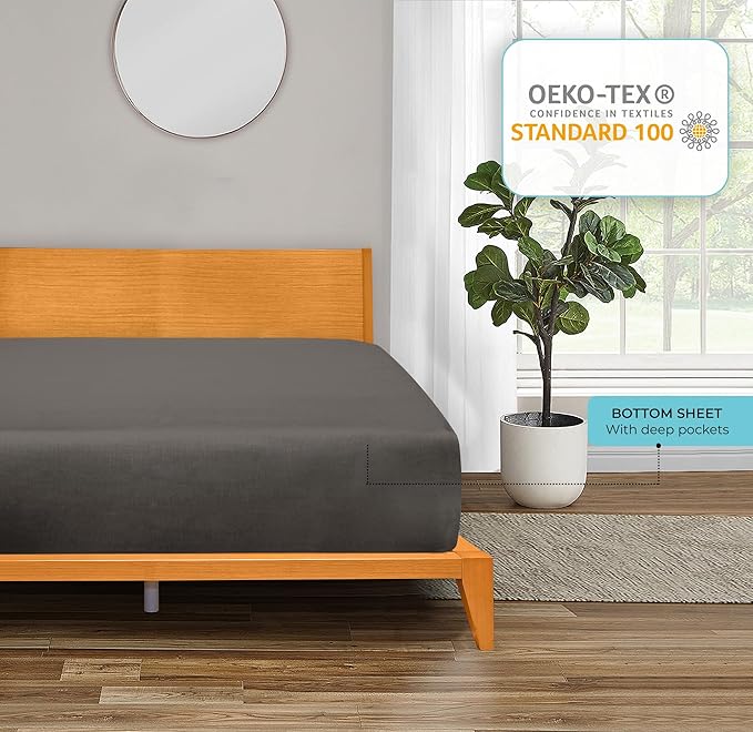 ROYALE LINENS 300 Thread Count 100% Long Staple Combed Cotton Fitted Sheet Twin - Super Soft Deep Pocket Bottom Sheet - Fitted Sheets Only - Elastic Sheets (Twin, Grey)