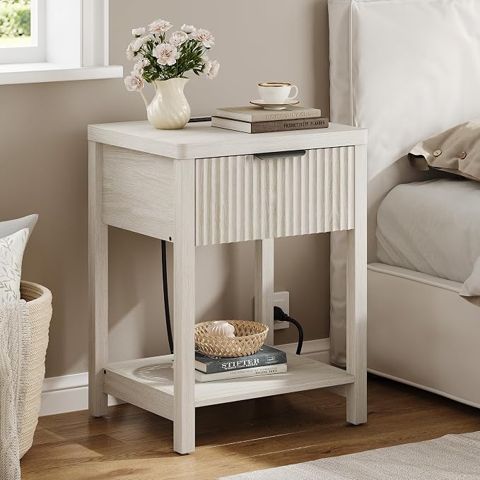 Night Stand Set 2, Fluted Wood Nightstands w/Charging Station - Image 8