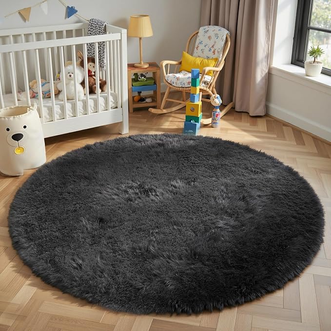 Black Round Shag Area Rug for Bedroom, Washable Fuzzy Carpet for Room Boys - Image 2