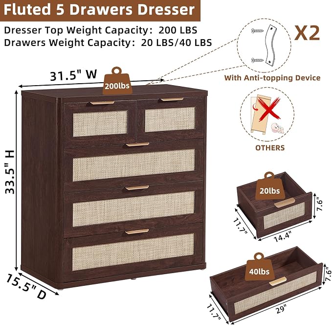 LEYAOYAO Dresser for Bedroom Set of 2, 33.5" Tall Chest of Drawers, Modern 5 - Image 7