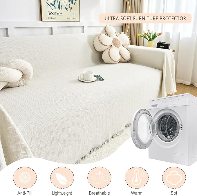 White Couch Cover Blanket Cute Geometrical Jacquard Washable Sofa Cover for Extra Large Furniture for 3 Cushion Sofa L Shaped Sectional Couch Blanket 71"x 134"