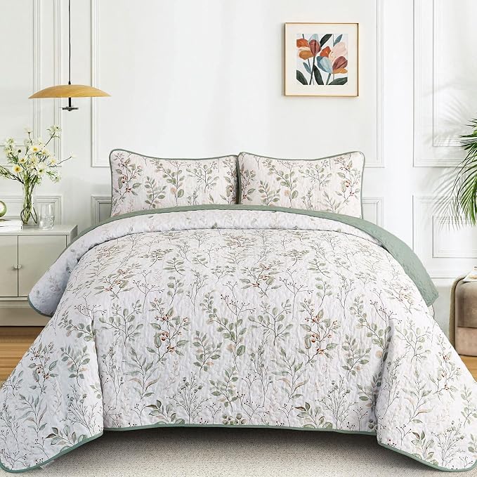 Anibedding Botanical Quilt Set Queen Size Sage Green Print Bedspreads | Green by Anibedding
