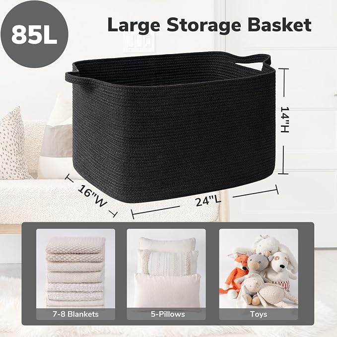 Goodpick 85L Large Woven Rope Blanket Basket, Pillows & Toys, Living Room & - Image 3