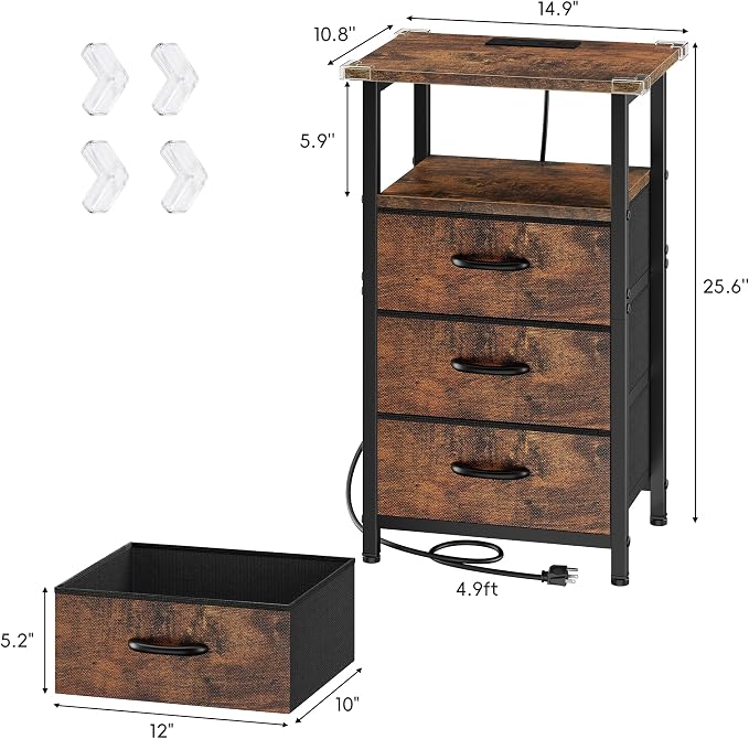 Nightstand with Charging Station, Bedside Table with USB Ports and Outlet - Image 3
