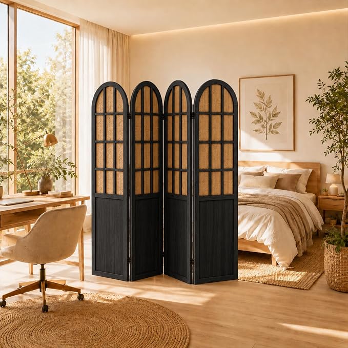 4 Panel Room Divider Privacy Screen Bamboo Wood Black | Folding Freestanding - Image 7
