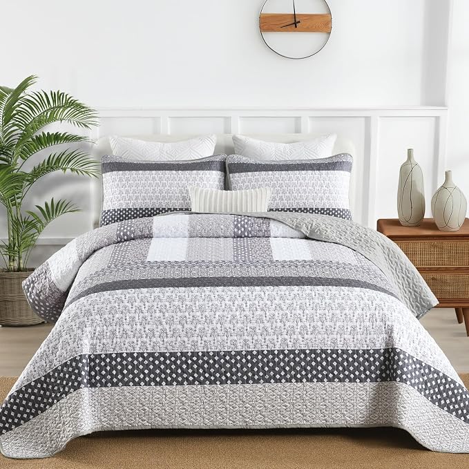 WONGS BEDDING Grey Queen Size Quilt Set, Boho Striped Patchwork Bedspread | 3 - Image 3
