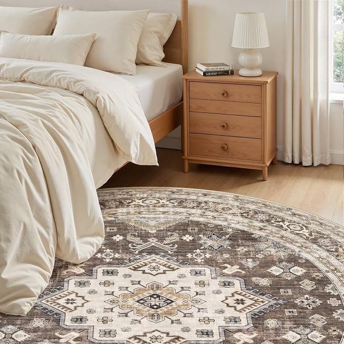 cotiled 5ft Round Living Room Area Rug, Traditional, Dark Brown | Soft - Image 4