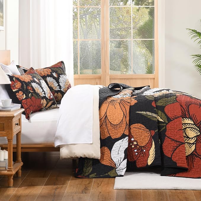 Oversized King Quilt Set Black, 120x120 Floral Super King Bedspread | 3 Pieces - Image 4