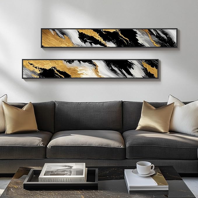 Framed Vertical Black and Gold Abstract Wall Art Set of 2, Modern Long Narrow - Image 4