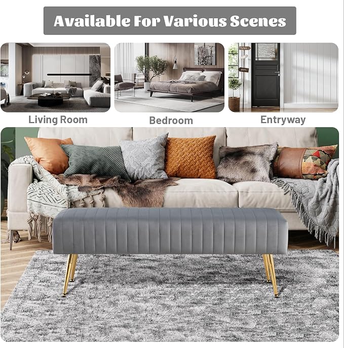 44 Inch Bedroom Benches, Upholstered Tufted Striped Fabric Ottoman Bench - Image 7