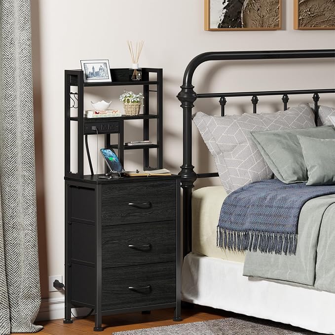 Black Nightstand with Bookshelf, Tall Bedside Table & Night Stand | 3 Fabric - Image 7