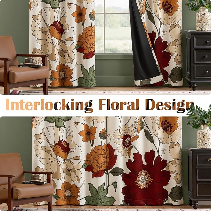 jinchan Beige Boho Floral Blackout Curtains 84 Inch Grommet 2 Panels | Room - Image 5