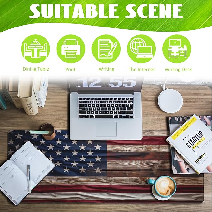 Eflxamz Large Gaming Mouse Pad for Desk,Wooden American Flag Desk Mat,Wooden USA Flag Desk Pad,Extended Big Computer Keyboard Mouse Pad with Non-Slip Base and Stitched Edge,31.5"x11.8"