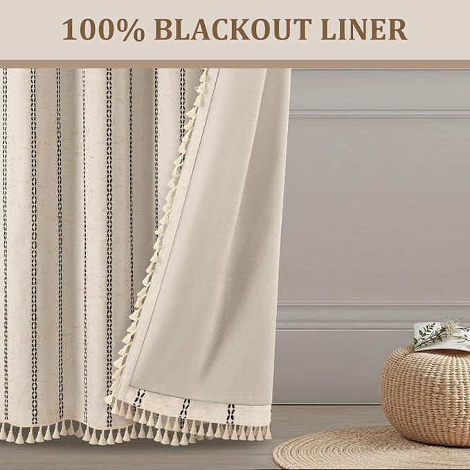 Beige 100% Boho Blackout Curtains 96 Inch 2 Panels - Image 6