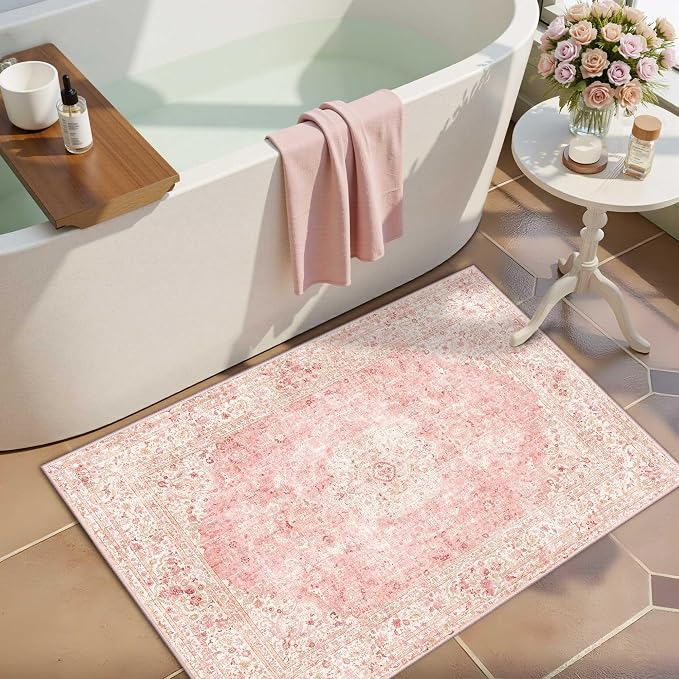 Latte&Fog Washable Entryway Rug 2x3, Vintage Pink Area Rugs - Image 3