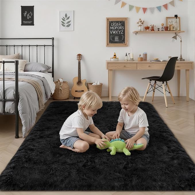 8x10 Area Rug Living Room Bedroom: Fluffy Plush Shag Carpet Black | - Image 7