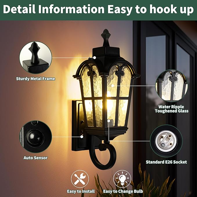 Motion Sensor Dawn to Dusk Outdoor Sensor Light Fixture Waterproof Porch Lights Anti-Rust Exterior Lighting Outdoor Wall Lantern Outside Wall Light for Patio Front Door Garden Garage -2 Pack