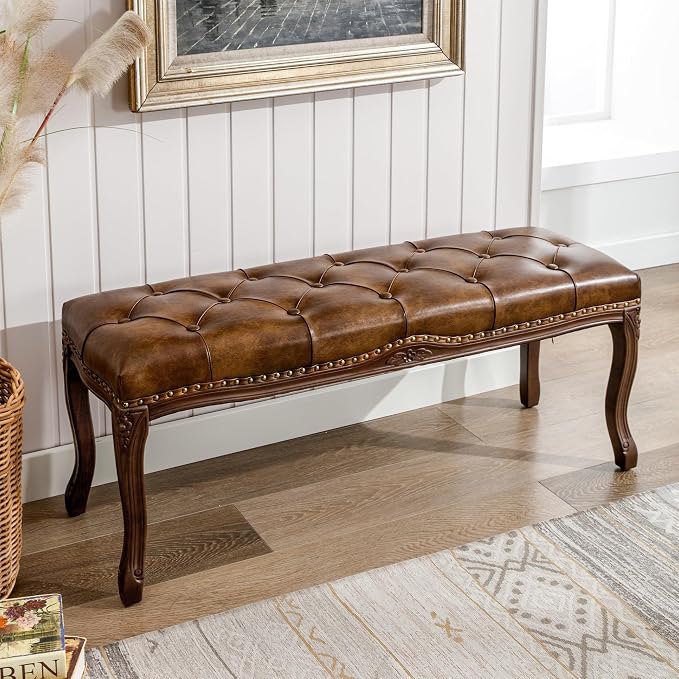 Bedroom Bench, French Vintage Tufted Leather Bench, 45.2" Carving Upholstered - Image 5