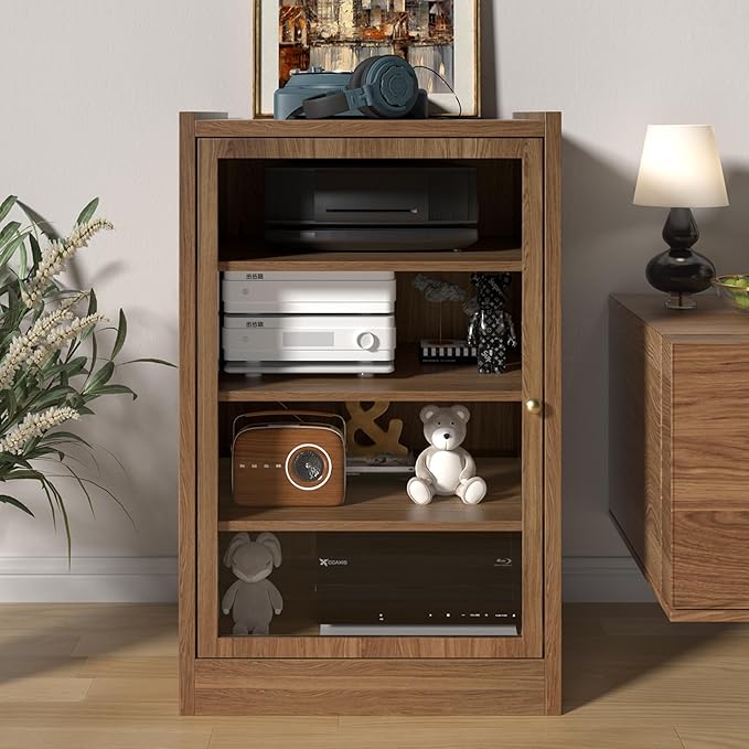 Walnut 5-Tier AV Media Shelf Storage Cabinet with Adjustable Shelves and Cable Management for Living, Gaming, Recording Room