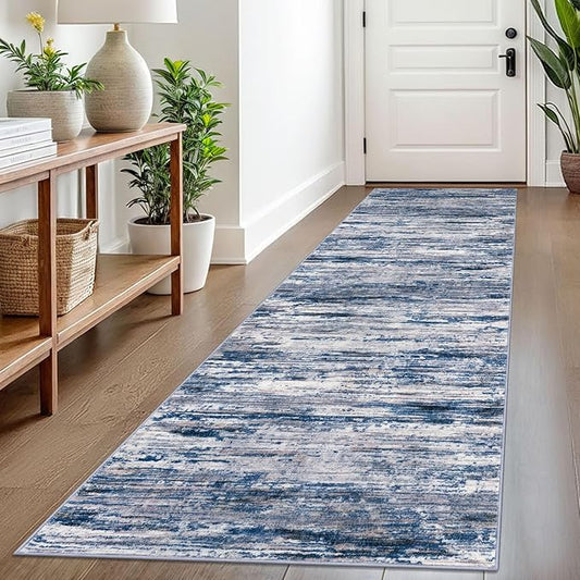 2.6x8 Modern Abstract Runner Rug for Hallways, Navy Blue Gray Neutral Multi Super Soft Hallway Decor Kitchen Rugs with Non-Slip, Non-Shedding Washable Rug for Entryway Bedroom Indoor