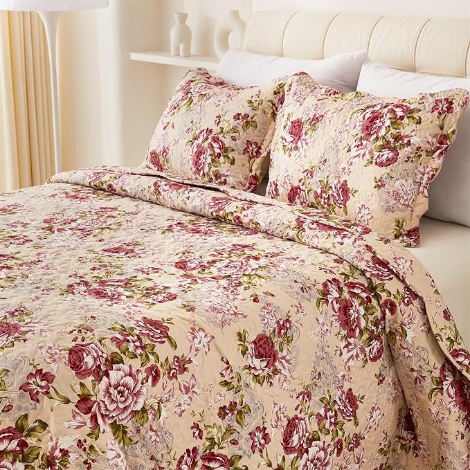 Cmfshape Summer Floral King Quilted Bedspread, Romantic Red Quilt Set, by cmfshape-quiltset
