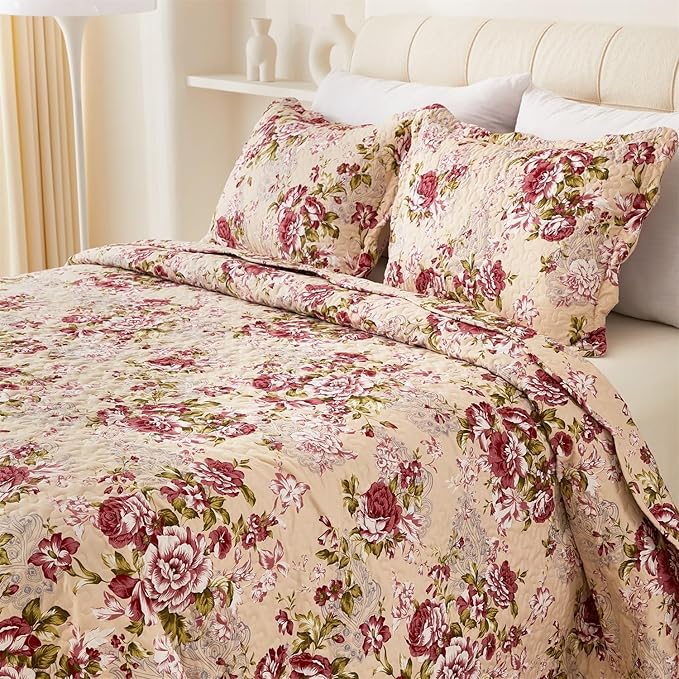 Cmfshape Summer Floral Queen Quilted Bedspread, Romantic Red Quilt Set by cmfshape-quiltset