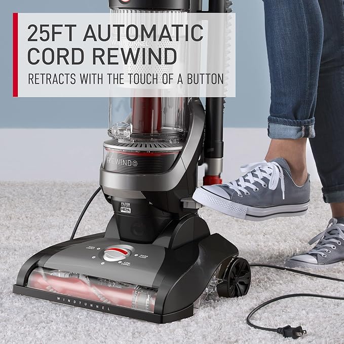 Hoover WindTunnel Whole House Rewind Bagless Vacuum Cleaner, Corded Upright Vac, HEPA Media Filtration, Automatic Cord Rewind, Corded Vacuum Cleaners for Home Use
