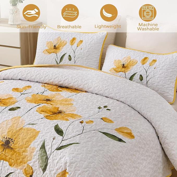 Mybedsoul Full/Queen Quilt Set Yellow, Reversible Polyester Coverlet Set - Image 4