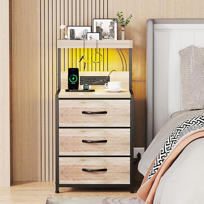 SZLHANJZ Night Stand Set 2, LED Lights and Charging Station, 3 Drawers | - Image 7