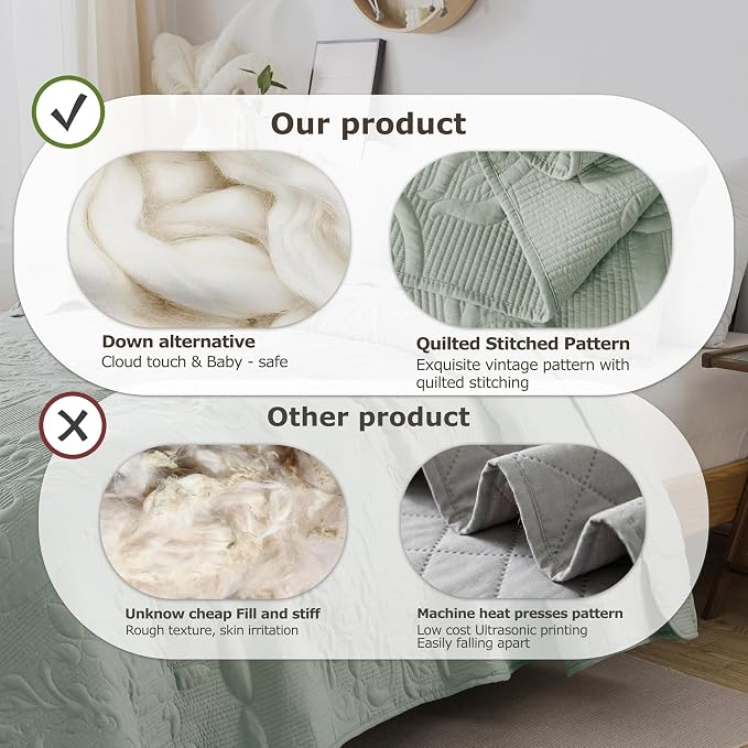 B2EVER Sage Green Damask Quilt Twin Size Bedding Sets - Image 5