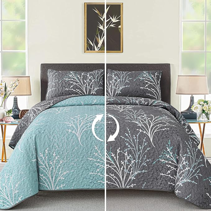 California King Size Quilt Set Grey Blue Reversible Bedspread Bedding Set | 3 by HOME