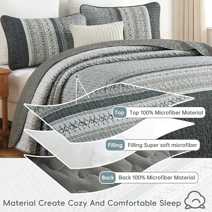 Cottolester Gery Quilt Set King, Soft Striped Texture Bedspread Coverlet Set | - Image 6