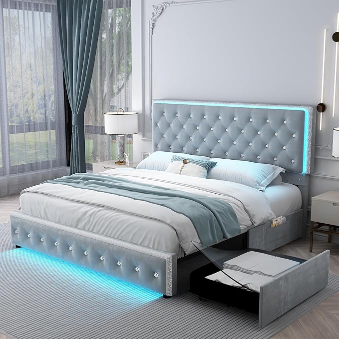Queen Led Bed Frame with 2 Drawers, Storage Platform Queen Size Upholstered Bed Frames with Crystal Button Tufted Headboard, Solid Slats Support, Noise Free, No Box Spring Needed, Velvet Grey