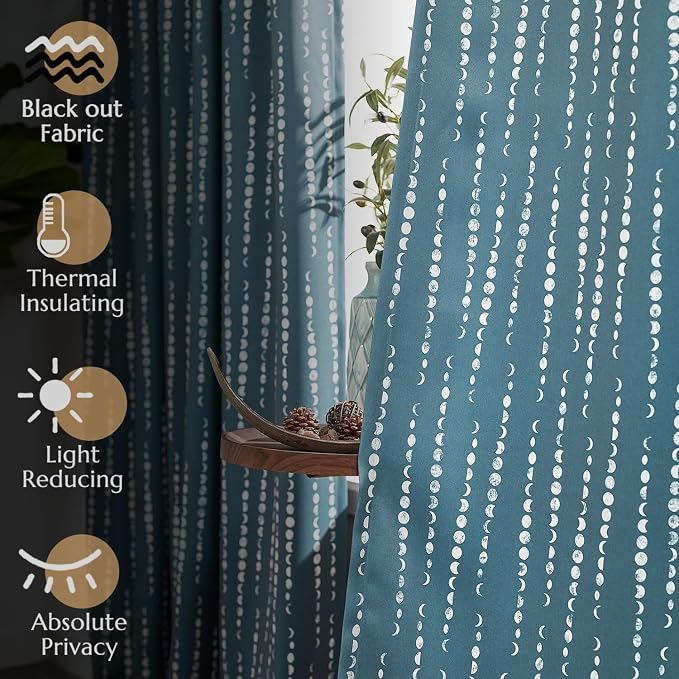 jinchan Boho Blackout Curtains 63 Inch Length Moon Phase Printed Drapes | Blue - Image 6