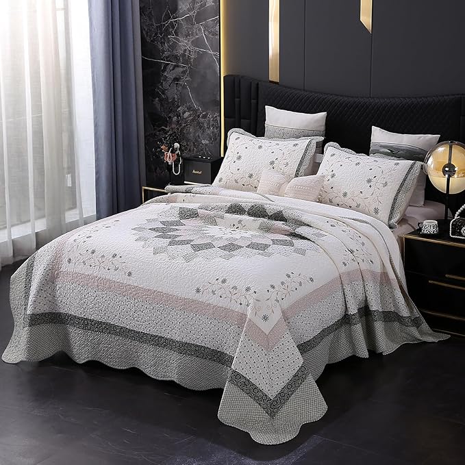 ROOMLIFE Quilt Set Queen Size 3D Floral Embroidery Pattern 3-Piece Cotton | by ROOMLIFE
