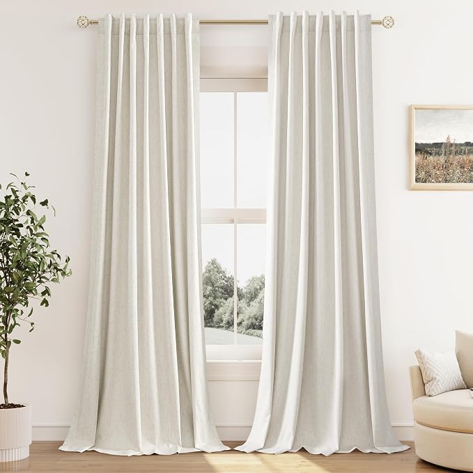 100% Blackout Linen Curtains for Bedroom 98 Inches Long Natural Cream Black Out by Guken