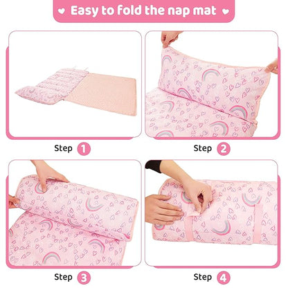 Viviland Toddler Kid Nap Mat for Preschool, Girls Pink Rainbow Slumber Bag, Daycare Sleeping Bag with Pillow and Blanket, Kindergarten Sleep Mat